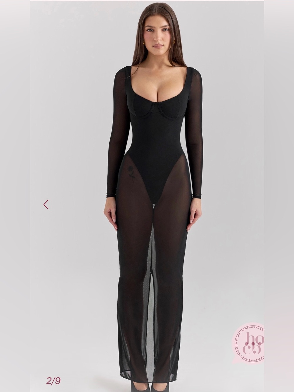 House of CB Everly Black Long Sleeve Sheer Maxi Dress Size M